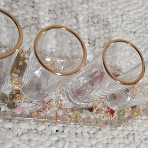 Gold Rimmed Shot Glass Set with Floral Tray